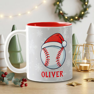 Baseball Ball Red Santa Hat Snowflake Name Two-Tone Coffee Mug