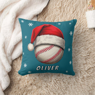 Baseball Ball Red Santa Hat Snowflakes Name Cushion