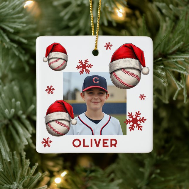 Baseball Ball Santa Hat Name Photo Christmas  Ceramic Ornament (Tree)