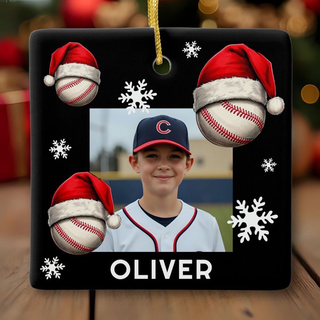 Baseball Ball Santa Hat Name Photo Christmas  Ceramic Ornament (Creator Uploaded)