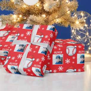Baseball Ball Santa Hat Snowflake Name Photo Wrapping Paper