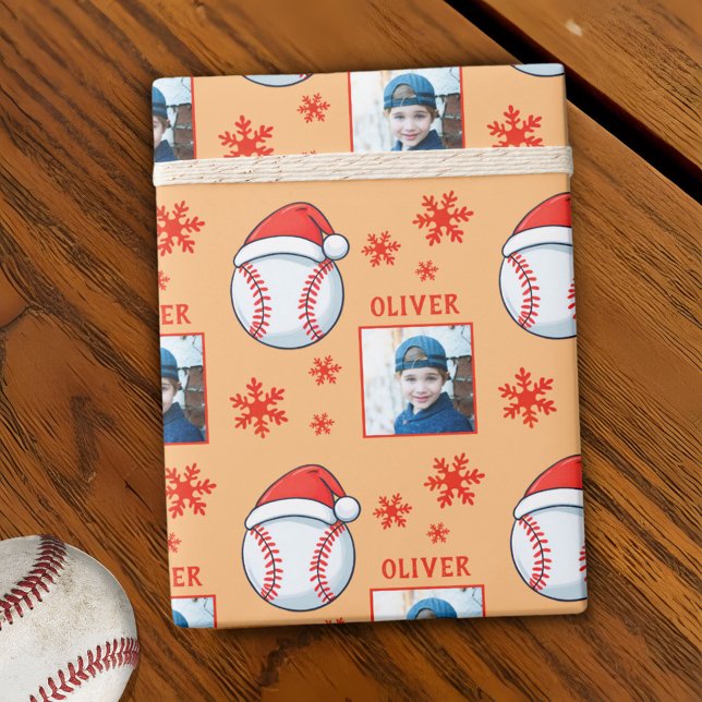 Baseball Ball Santa Hat Snowflake Name Photo Wrapping Paper (Creator Uploaded)