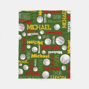 Baseball ball sports green red white custom name  fleece blanket