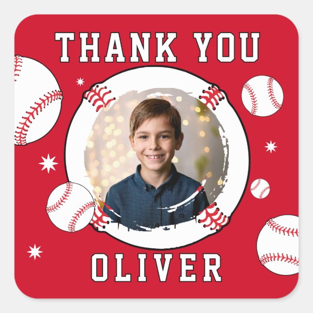 Baseball Ball Themed Birthday Photo Thank you Square Sticker (Front)
