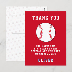 Baseball Ball Themed Kids Birthday Party Thank you Postcard