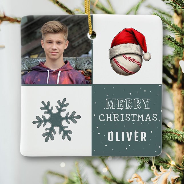Baseball Ball with Santa Hat Snowflake Photo Ceramic Ornament (Creator Uploaded)