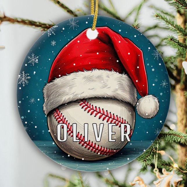 Baseball Ball with Santa Hat Snowflakes Ceramic Ornament (Creator Uploaded)