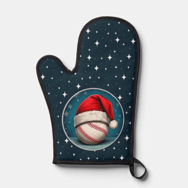 Baseball Ball with Santa Hat Snowflakes Oven Mitt (Front)
