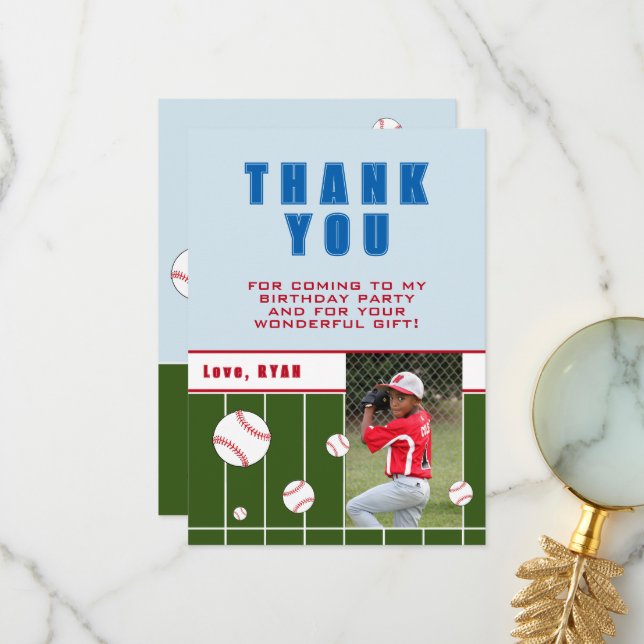 Baseball Balls Personalised Kids Birthday Photo  Thank You Card (Front/Back In Situ)