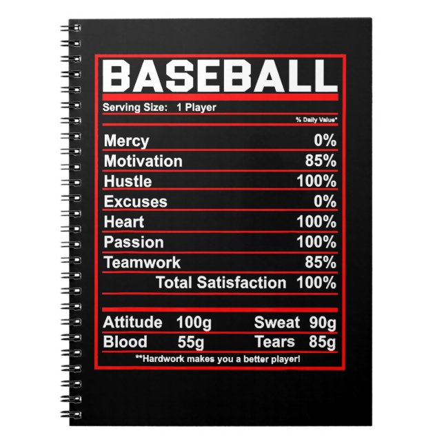 Baseball Baseball Nutrition Facts Coach Or Player  Notebook (Front)