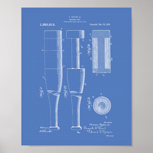 Baseball Bat 1919 Patent Art - Blueprint Poster (Front)