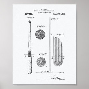 Baseball Bat 1921 Patent Art - White Paper Poster