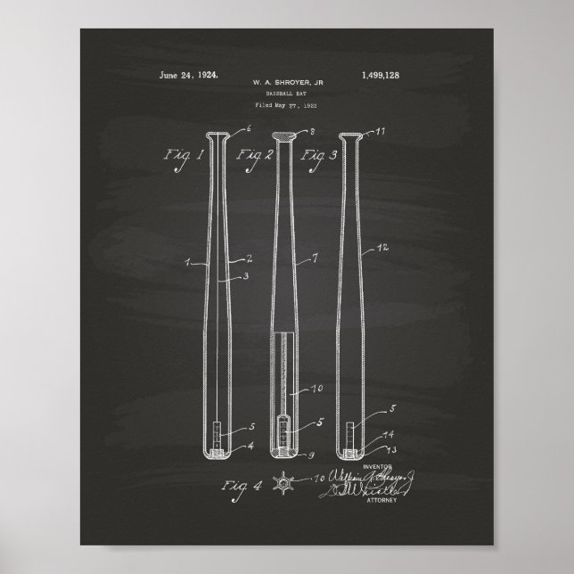 Baseball Bat 1924 Patent Art - Chalkboard Poster (Front)