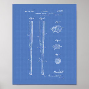 Baseball Bat 1939 Patent Art - Blueprint Poster