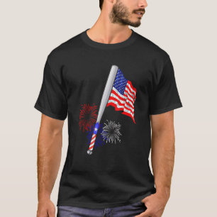 Baseball Bat American Flag Fireworks Baseball Play T-Shirt
