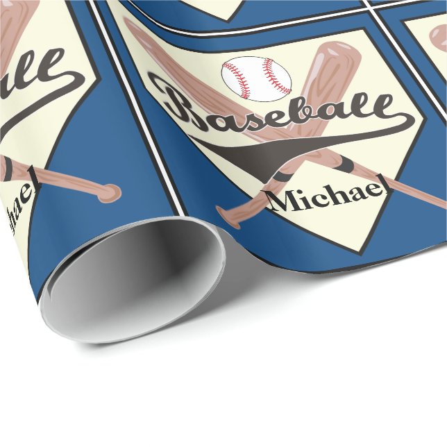 Baseball Bat And Ball Personalised Blue Gift Wrapping Paper (Roll Corner)