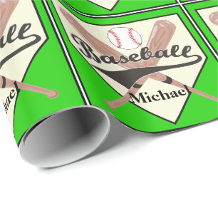 Baseball Bat And Ball Personalised Green Gift Wrapping Paper