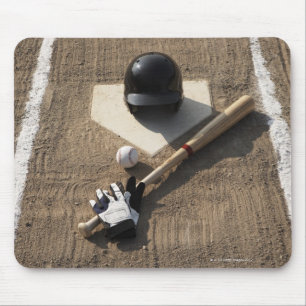 Baseball, bat, batting gloves and baseball mouse pad