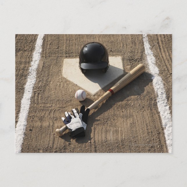 Baseball, bat, batting gloves and baseball postcard (Front)