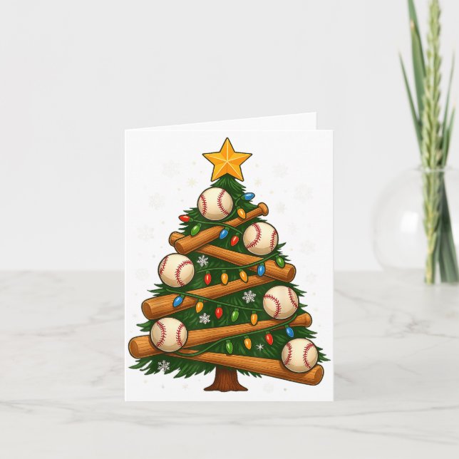 Baseball Bat Christmas Tree Lights Holiday Design  Card (Front)