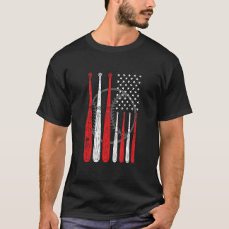 Baseball Bat US Flag Pitcher Catcher Baseball Play T-Shirt