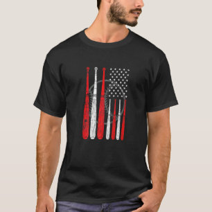 Baseball Bat US Flag Pitcher Catcher Baseball Play T-Shirt