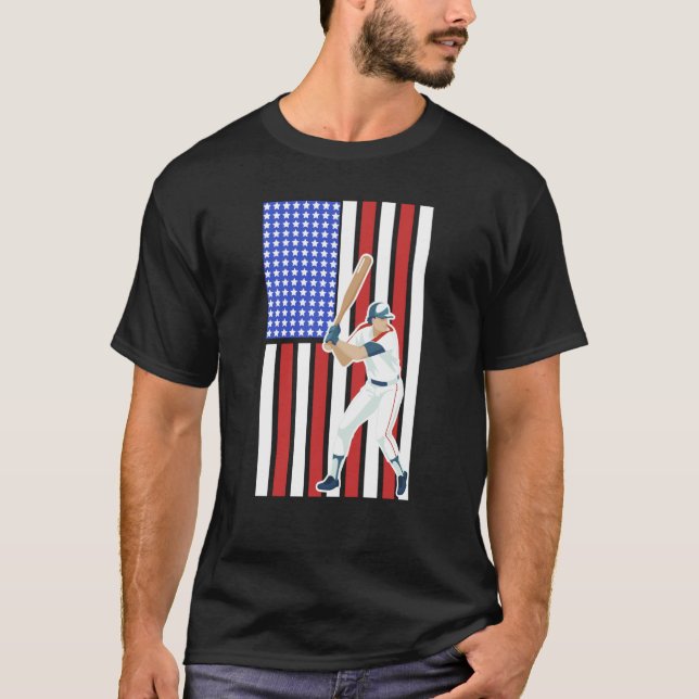 Baseball Batter Hitter USA American Flag Patriotic T-Shirt (Front)