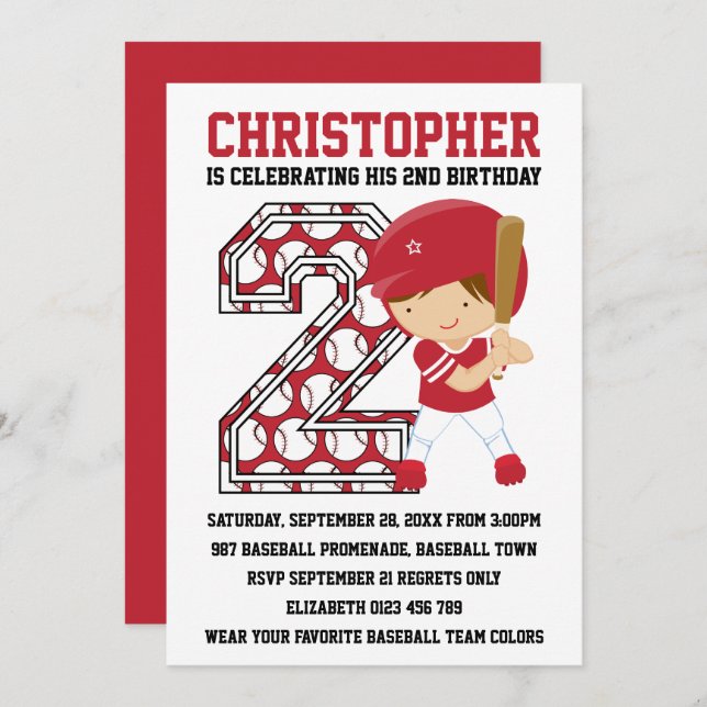 Baseball Batter Red White 2nd Birthday Party Invitation (Front/Back)