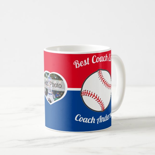 Baseball Best Coach Ever Photo Name red white blue Coffee Mug (Front Right)