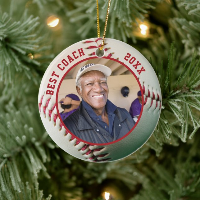 Baseball BEST COACH Photo Team Names Personalised Ceramic Ornament (Tree)
