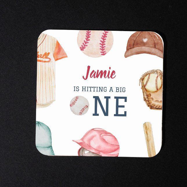 Baseball Big One Boy 1st Birthday  Square Paper Coaster (Hitting a Big One Baseball 1st Birthday Coaster)