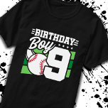 Baseball Birthday 9 Year Old Boy 9th Birthday T-Shirt<br><div class="desc">This baseball birthday party design is perfect for a 9 year old boy's baseball theme birthday party to celebrate their 9th birthday! Great for kids that love to play baseball, watch baseball or want to become future baseball star players! Features a baseball on a baseball field graphic w/ number 9...</div>