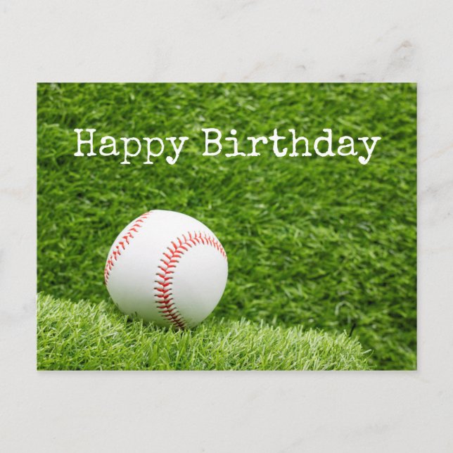 Baseball Birthday card with ball on green grass (Front)