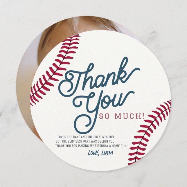 Baseball Birthday Circle Photo Thank You Card (Front/Back)