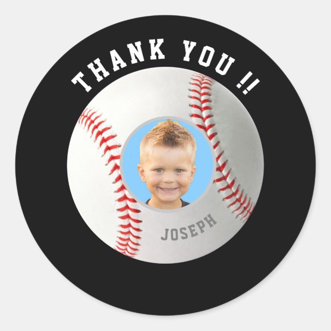 Baseball Birthday Custom Photo Thank You Classic Round Sticker (Front)