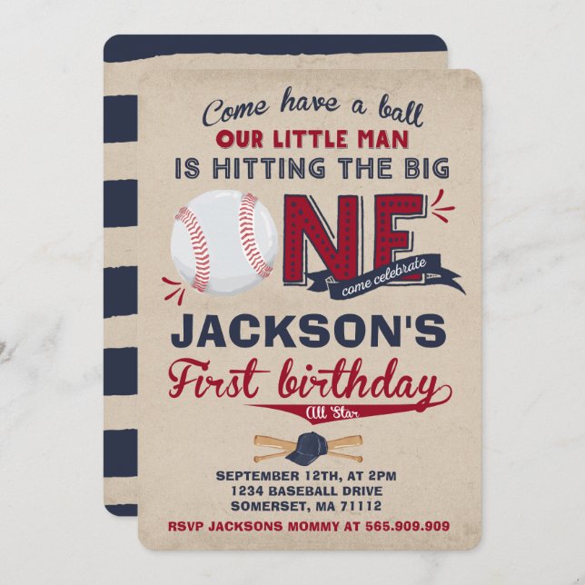 Baseball Birthday Invitation Baseball 1st Birthday (Front/Back)