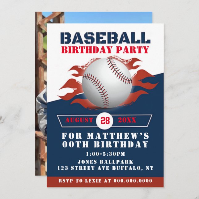 Baseball Birthday Party Add Photo Invitations  (Front/Back)
