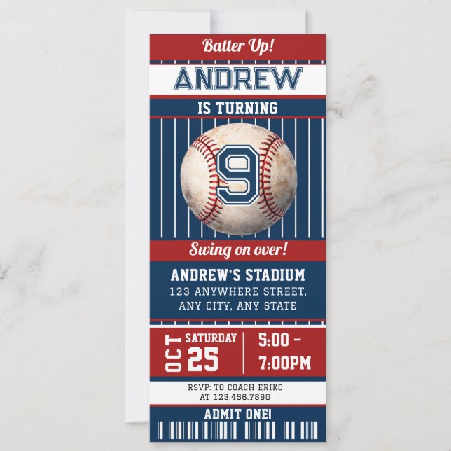 Baseball Birthday Party Invitation Ticket (Front)