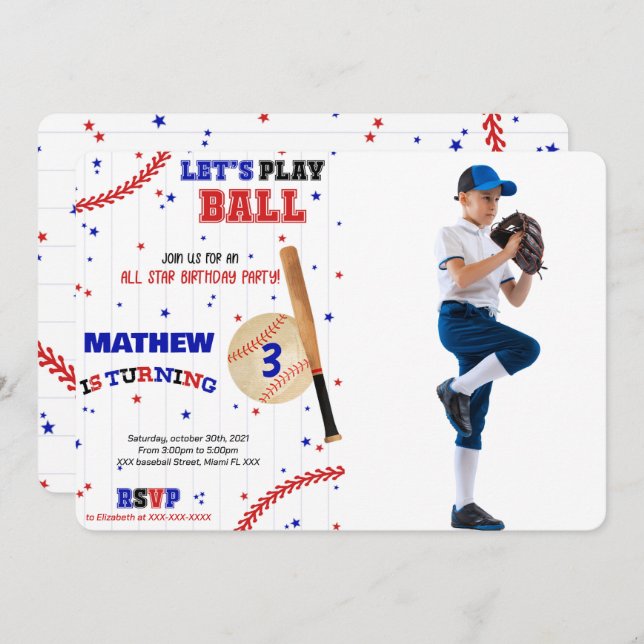 Baseball Birthday Photo Invitation (Front/Back)