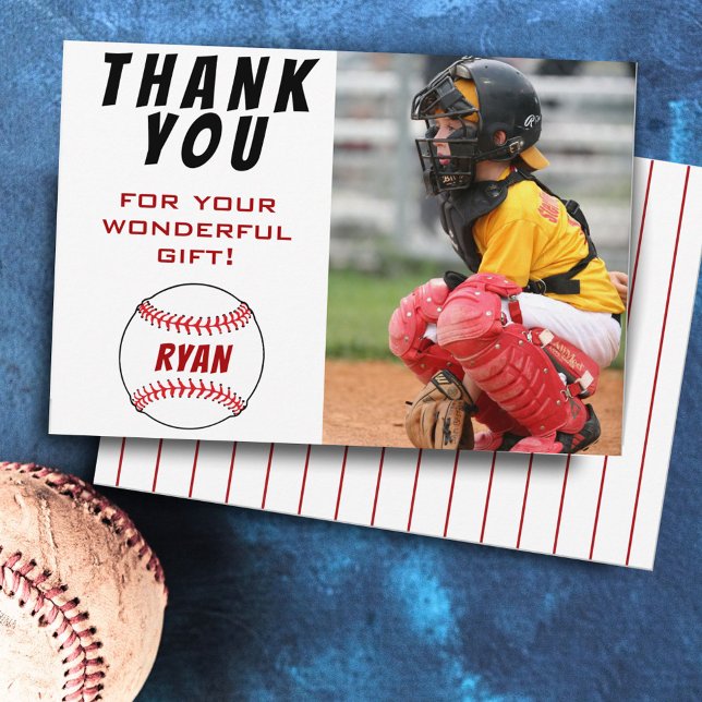 Baseball Birthday Photo Kids Baseball Thank You Card (Creator Uploaded)