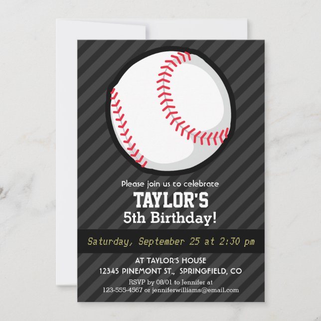 Baseball; Black and Dark Grey Stripes Invitation (Front)