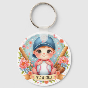 Baseball Bliss Baby Girl Announcement Floral Baby Key Ring