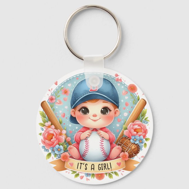 Baseball Bliss Baby Girl Announcement Floral Baby Key Ring (Front)