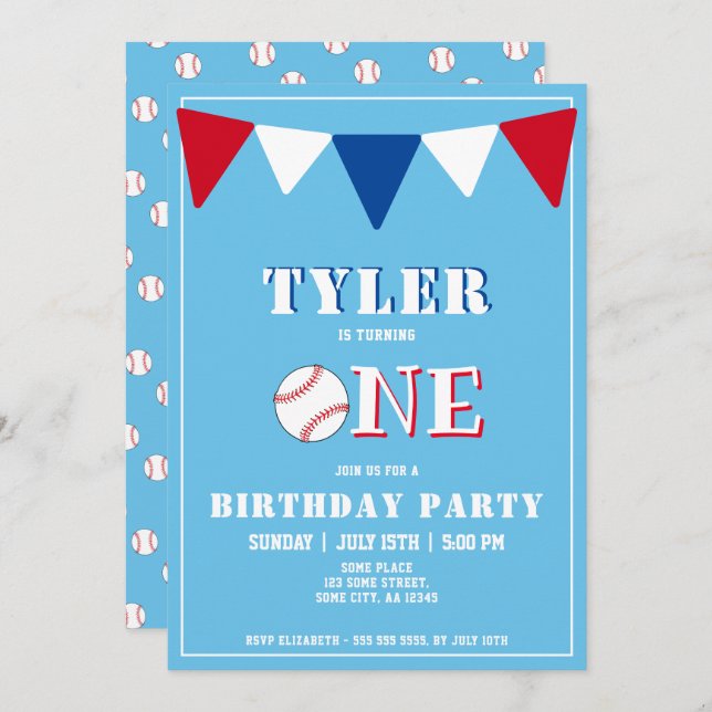 Baseball Blue Birthday Invitation Boy 1st Birthday (Front/Back)
