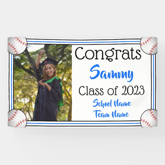 Baseball Blue & Black One Photo Graduation Banner (Horizontal)