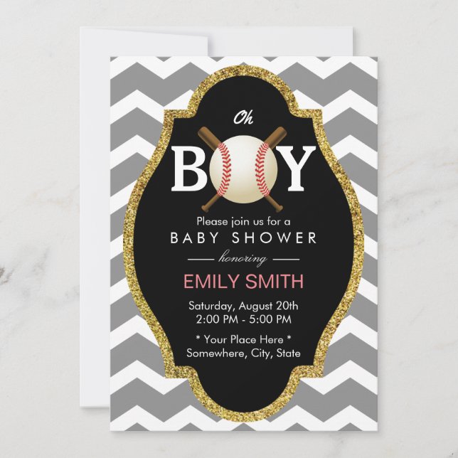 Baseball Boy Chevron Stripes Baby Shower Sports Invitation (Front)