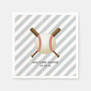 Baseball Boy Grey Stripes Baby Shower Napkin