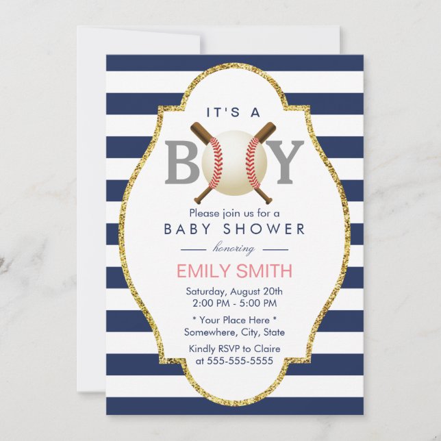 Baseball Boy Modern Navy Blue Stripes Baby Shower Invitation (Front)