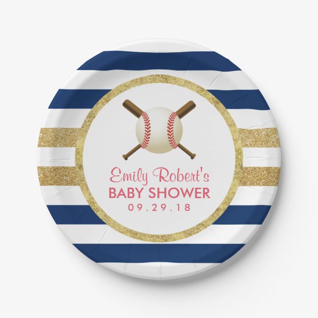 Baseball Boy Navy Blue & Gold Stripes Baby Shower Paper Plate (Front)