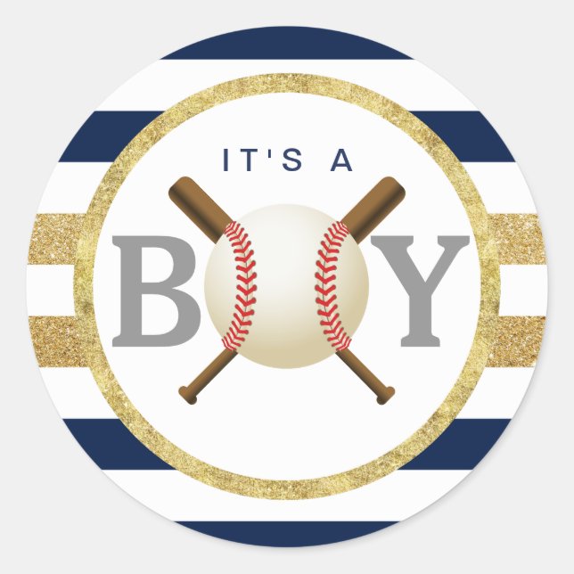 Baseball Boy Navy Blue Stripes Baby Shower Favour Classic Round Sticker (Front)